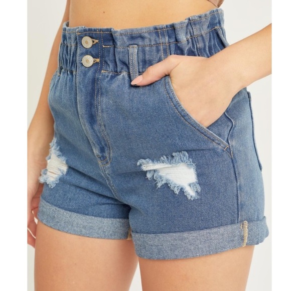 High Waisted Denim Shorts Elastic Waist Cuffed Hem Distressed Blue High Rise - Picture 5 of 7